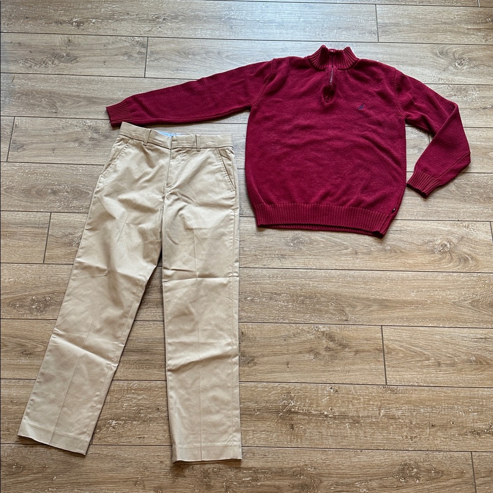 Set:NWOT Tommy Hilfiger Boy’s Tan Pants Size12, Nautica Maroon Sweater Size14-16